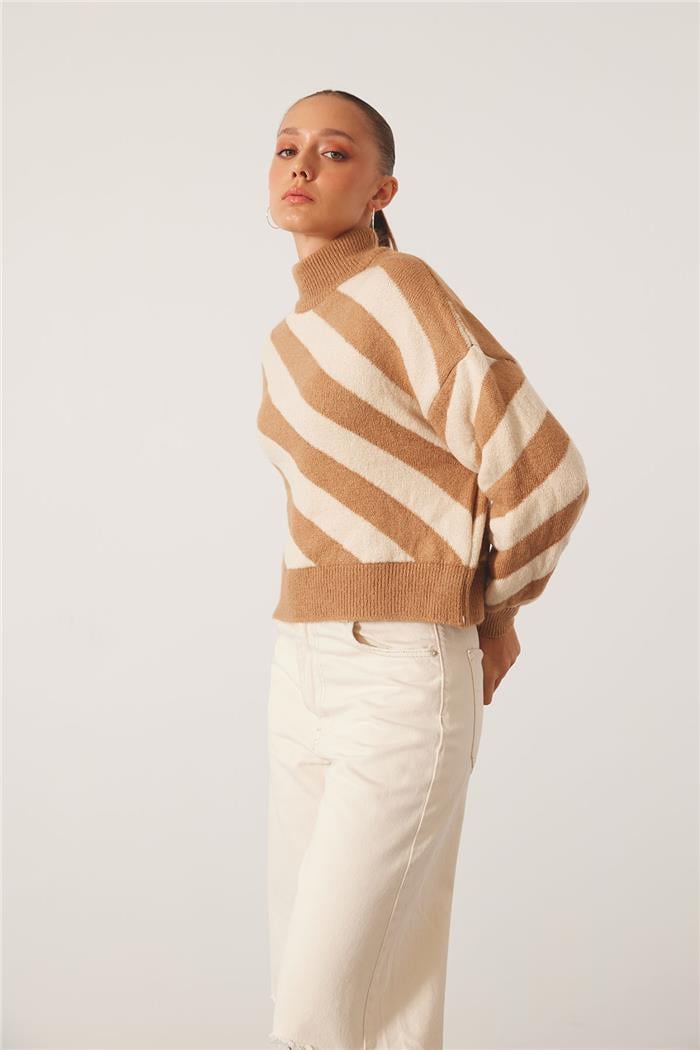 Avrile Kadın Çizgili Triko Kazak CAMEL-EKRU A92474-S
