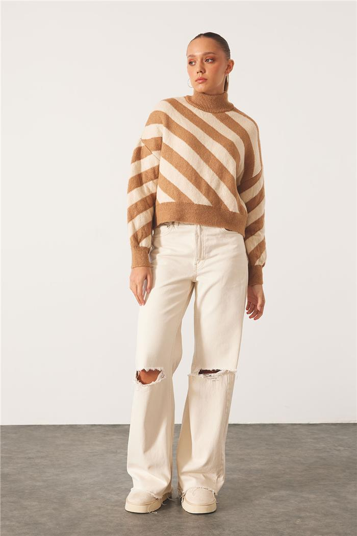 Avrile Kadın Çizgili Triko Kazak CAMEL-EKRU A92474-S