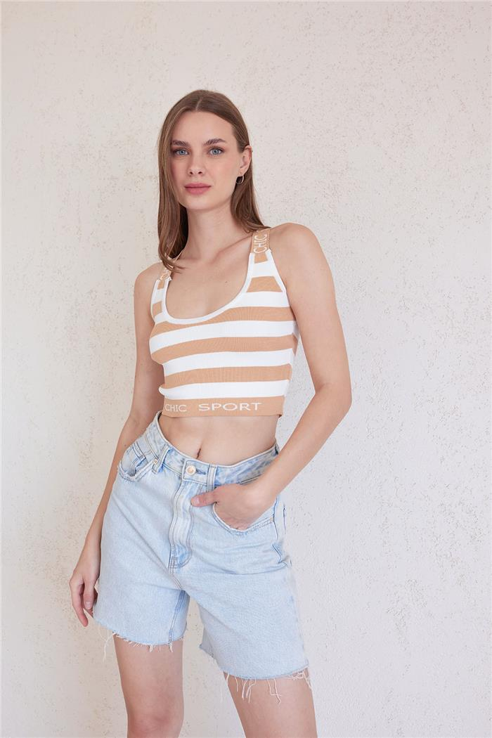 Avrile Kadın Çizgili Yazılı Triko Büstiyer CAMEL A91779-S