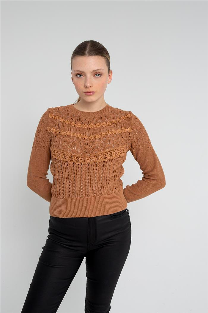 Avrile Kadın Dantel Detaylı Triko Kazak CAMEL A92254-S