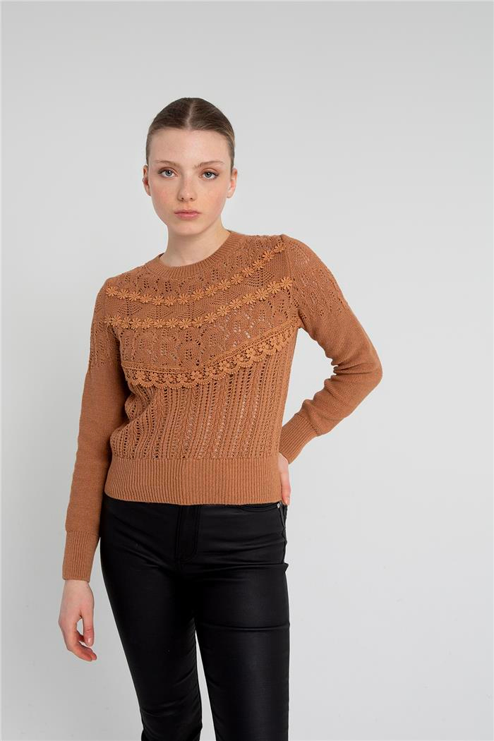 Avrile Kadın Dantel Detaylı Triko Kazak CAMEL A92254-S