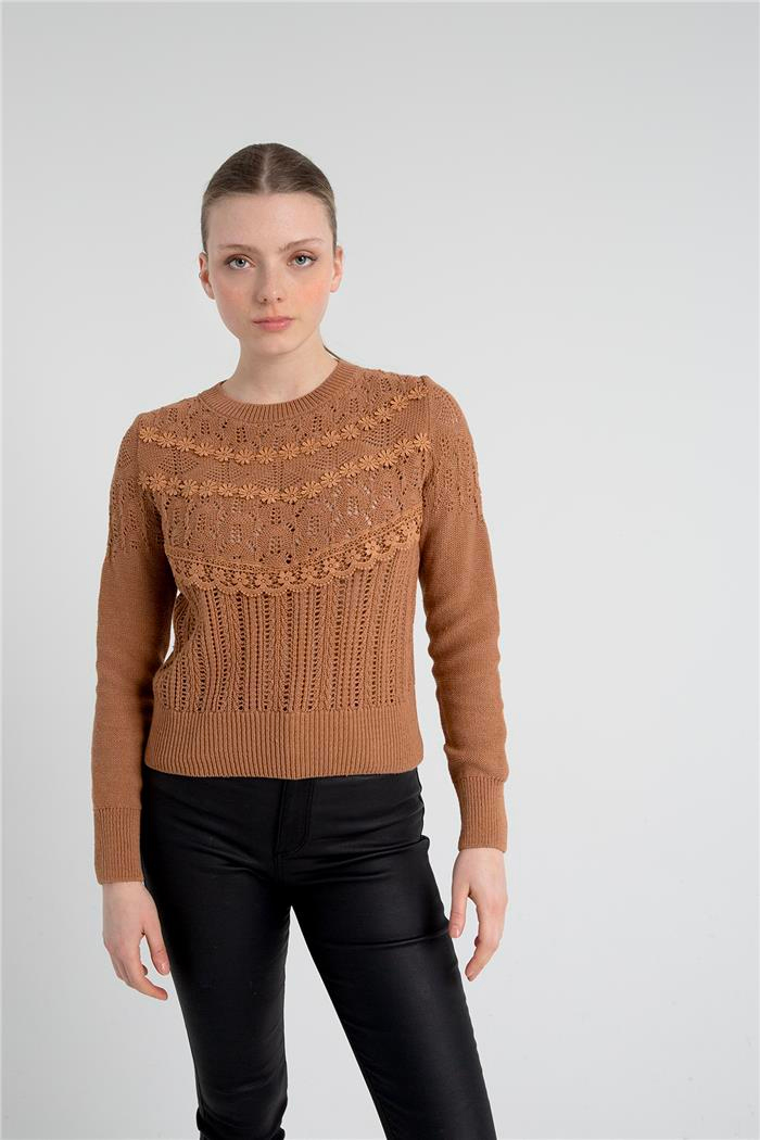 Avrile Kadın Dantel Detaylı Triko Kazak CAMEL A92254-S