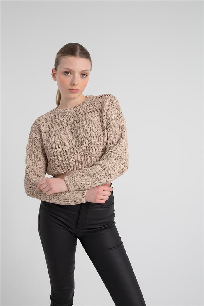 Avrile Kadın Desenli Crop Kazak BEJ A92239-S