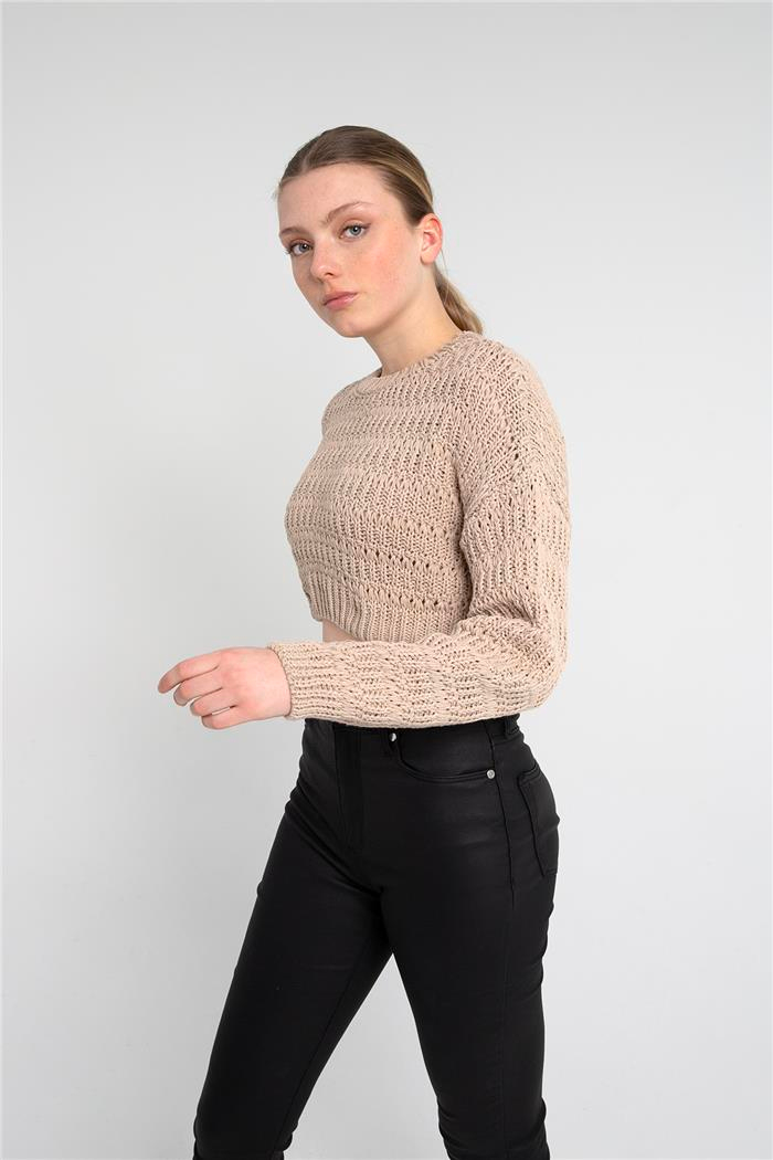 Avrile Kadın Desenli Crop Kazak BEJ A92239-S