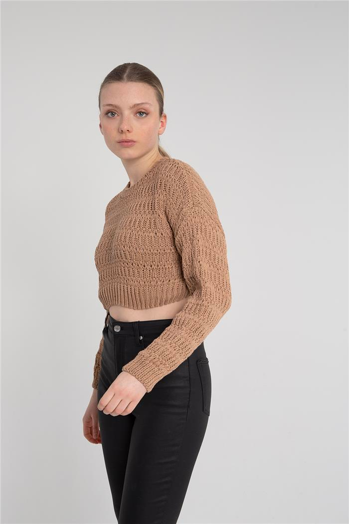 Avrile Kadın Desenli Crop Kazak CAMEL A92239-S