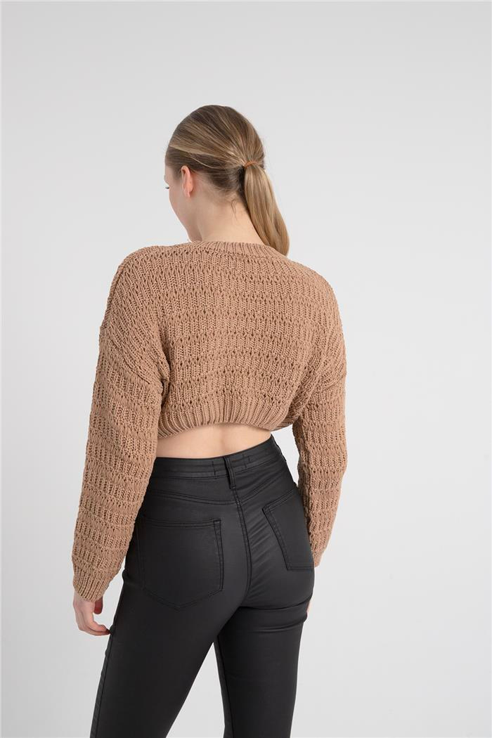 Avrile Kadın Desenli Crop Kazak CAMEL A92239-S