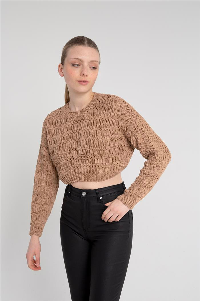 Avrile Kadın Desenli Crop Kazak CAMEL A92239-S