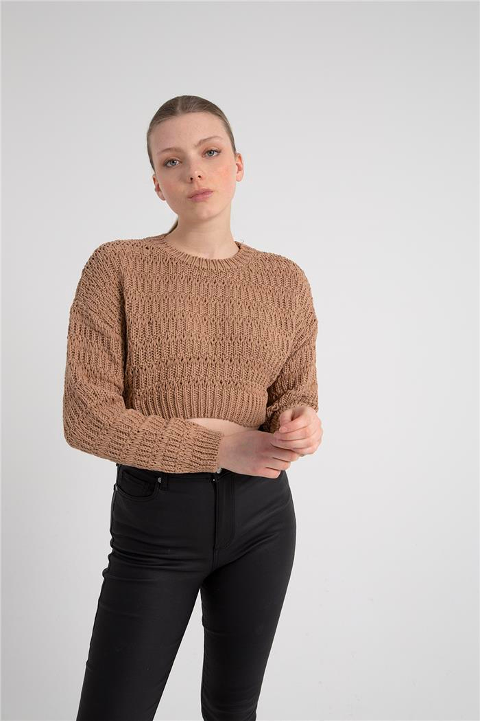 Avrile Kadın Desenli Crop Kazak CAMEL A92239-S