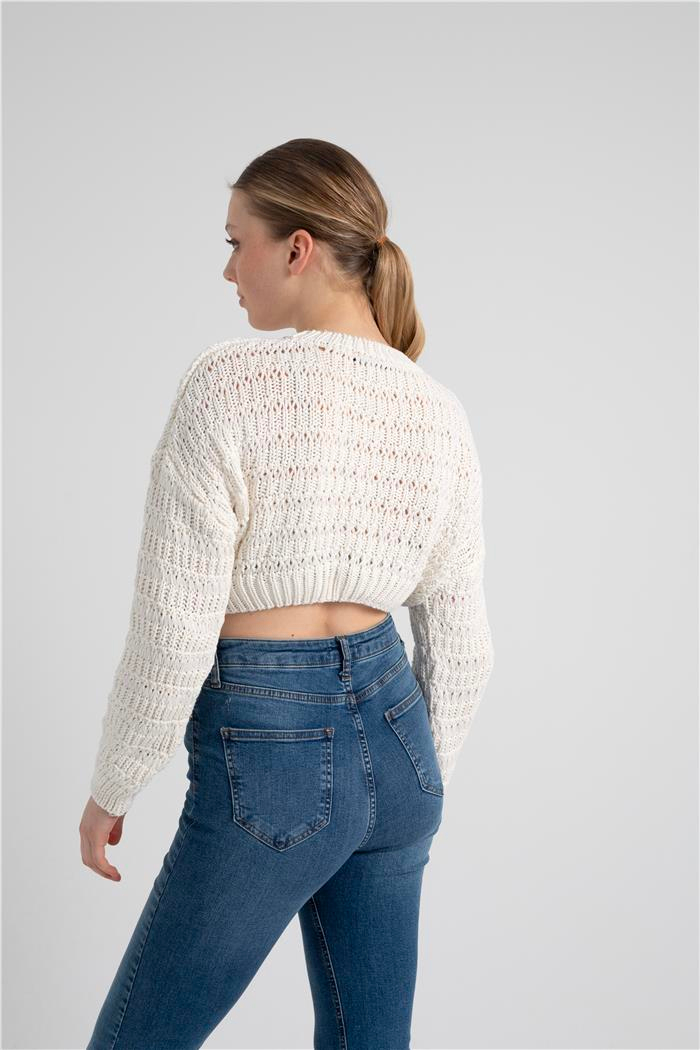 Avrile Kadın Desenli Crop Kazak HAM EKRU A92239-S