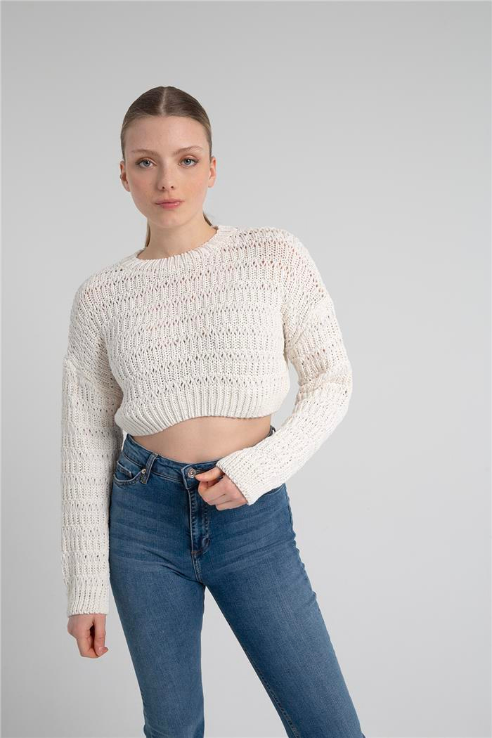 Avrile Kadın Desenli Crop Kazak HAM EKRU A92239-S