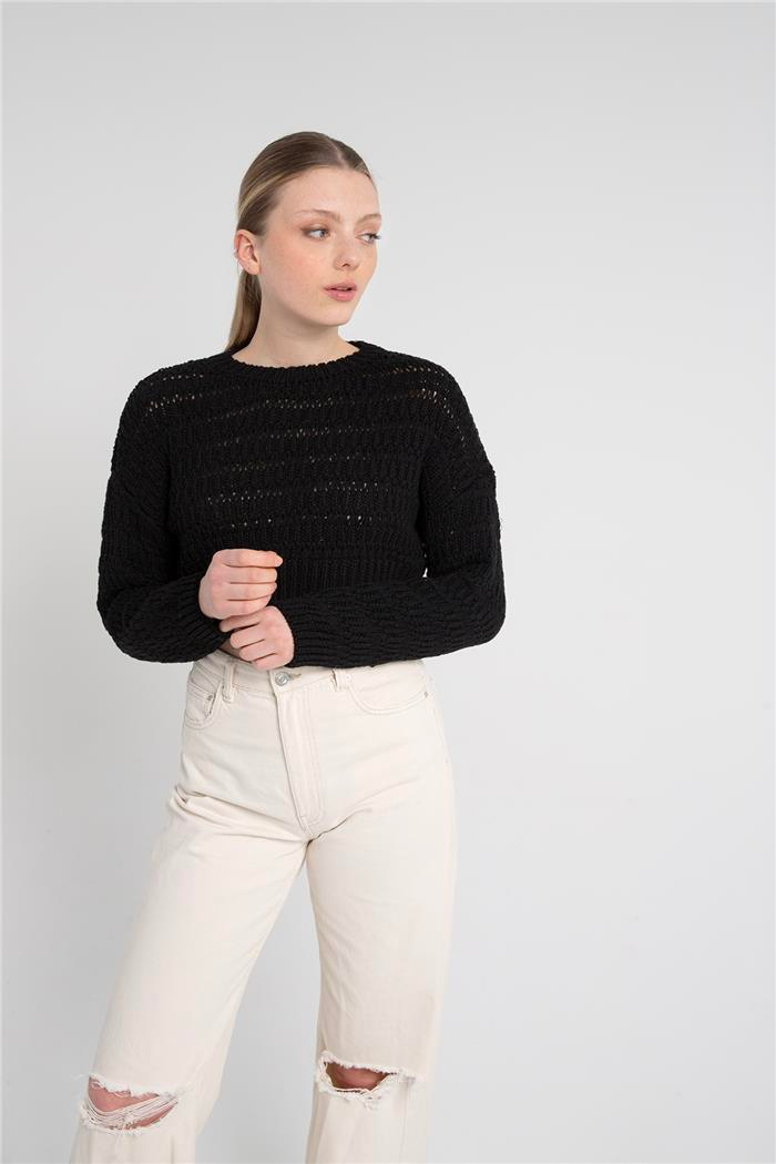 Avrile Kadın Desenli Crop Kazak SİYAH A92239-S
