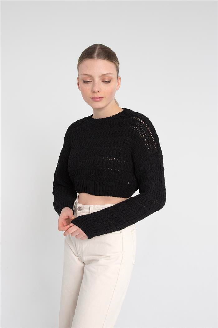 Avrile Kadın Desenli Crop Kazak SİYAH A92239-S