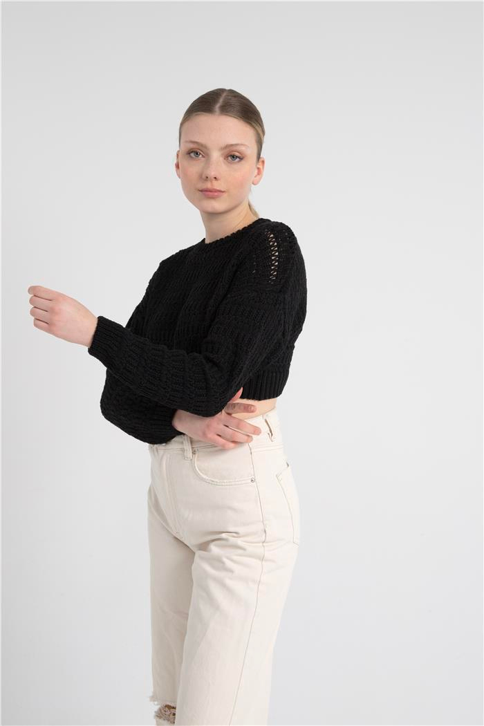 Avrile Kadın Desenli Crop Kazak SİYAH A92239-S