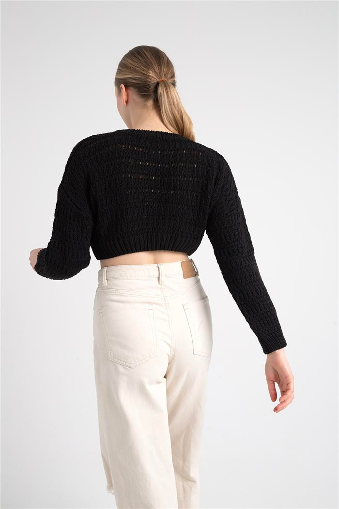 Avrile Kadın Desenli Crop Kazak SİYAH A92239-S