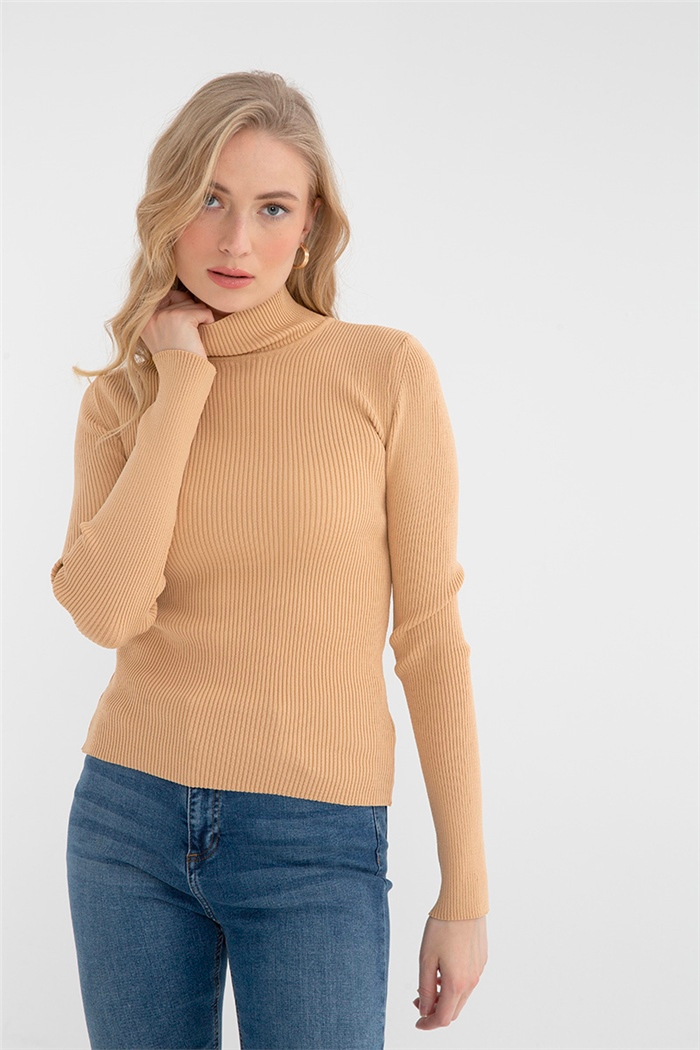 Avrile Kadın Dik Yaka Basic Triko Kazak CAMEL A92169-S