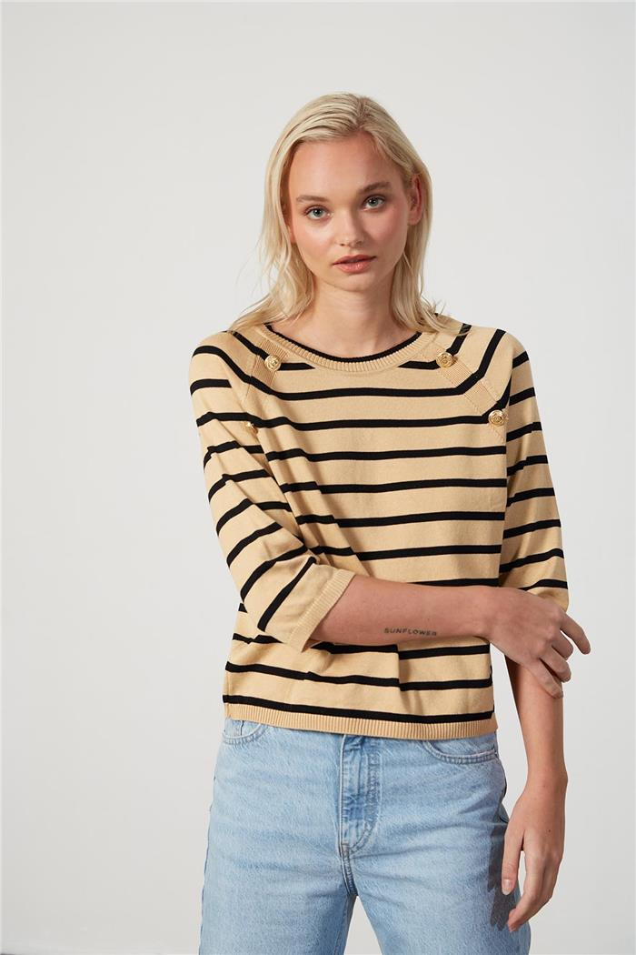 Avrile Kadın DÜĞMELİ REGLAN KOL KAZAK CAMEL-SİYAH A92312-S