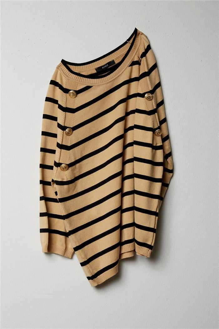 Avrile Kadın DÜĞMELİ REGLAN KOL KAZAK CAMEL-SİYAH A92312-S
