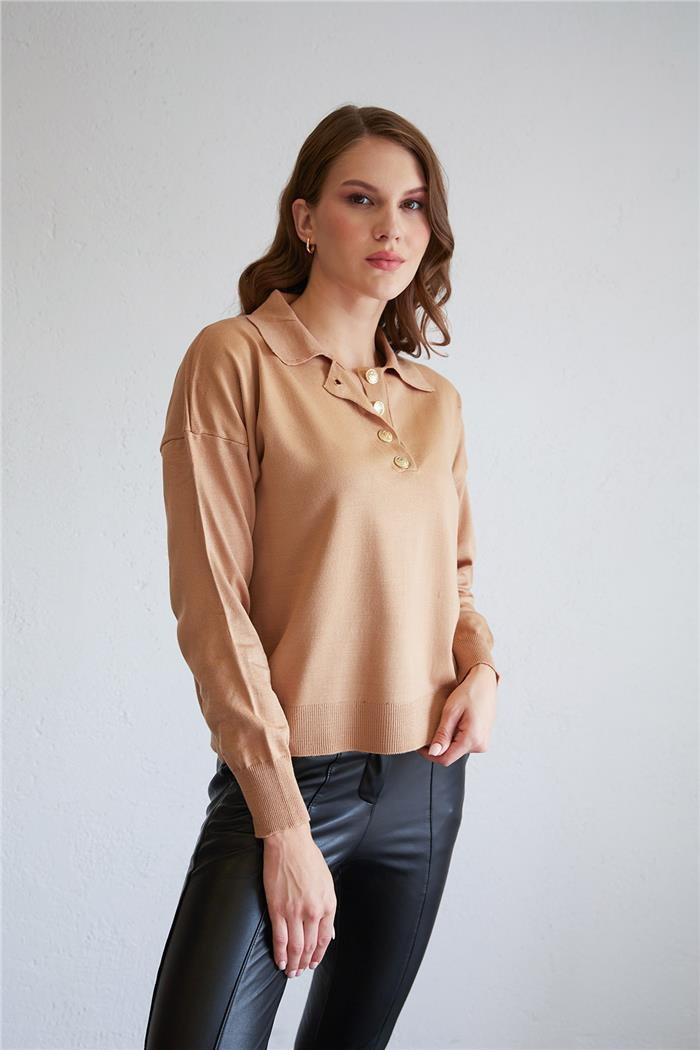 Avrile Kadın Düğmeli Triko Kazak CAMEL A92404-S