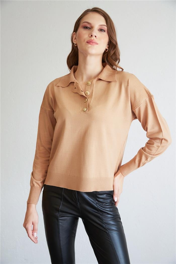 Avrile Kadın Düğmeli Triko Kazak CAMEL A92404-S
