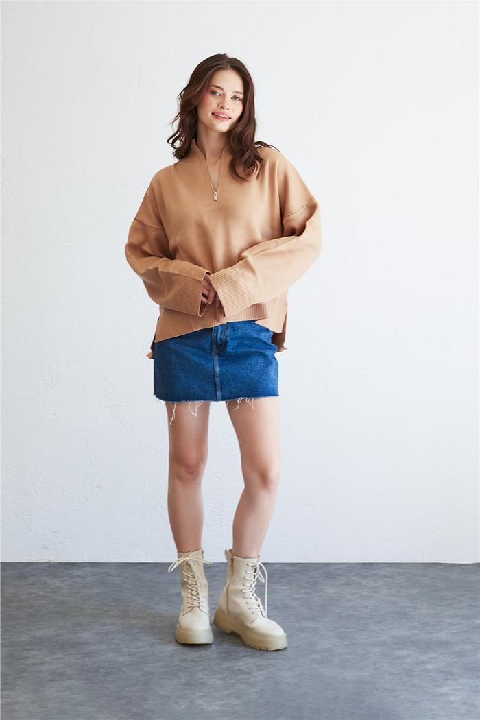 Avrile Kadın Fermuarlı Salaş Triko Kazak CAMEL A92227-S
