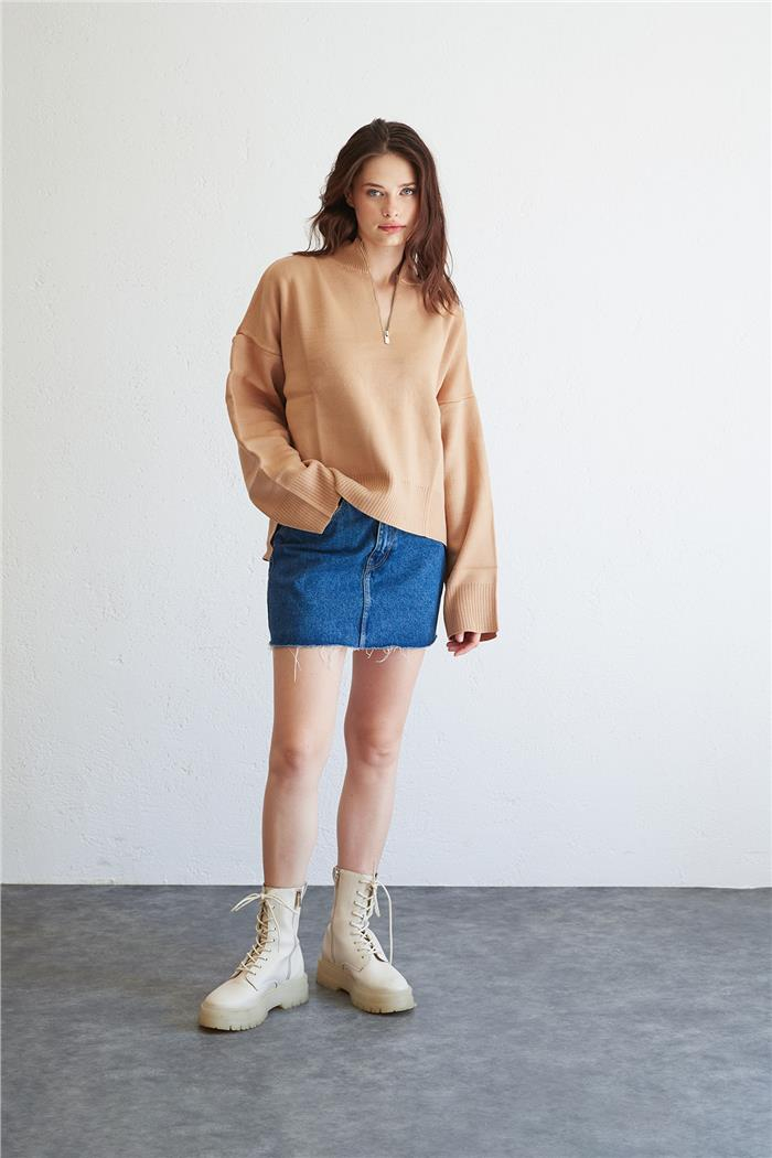 Avrile Kadın Fermuarlı Salaş Triko Kazak CAMEL A92227-S