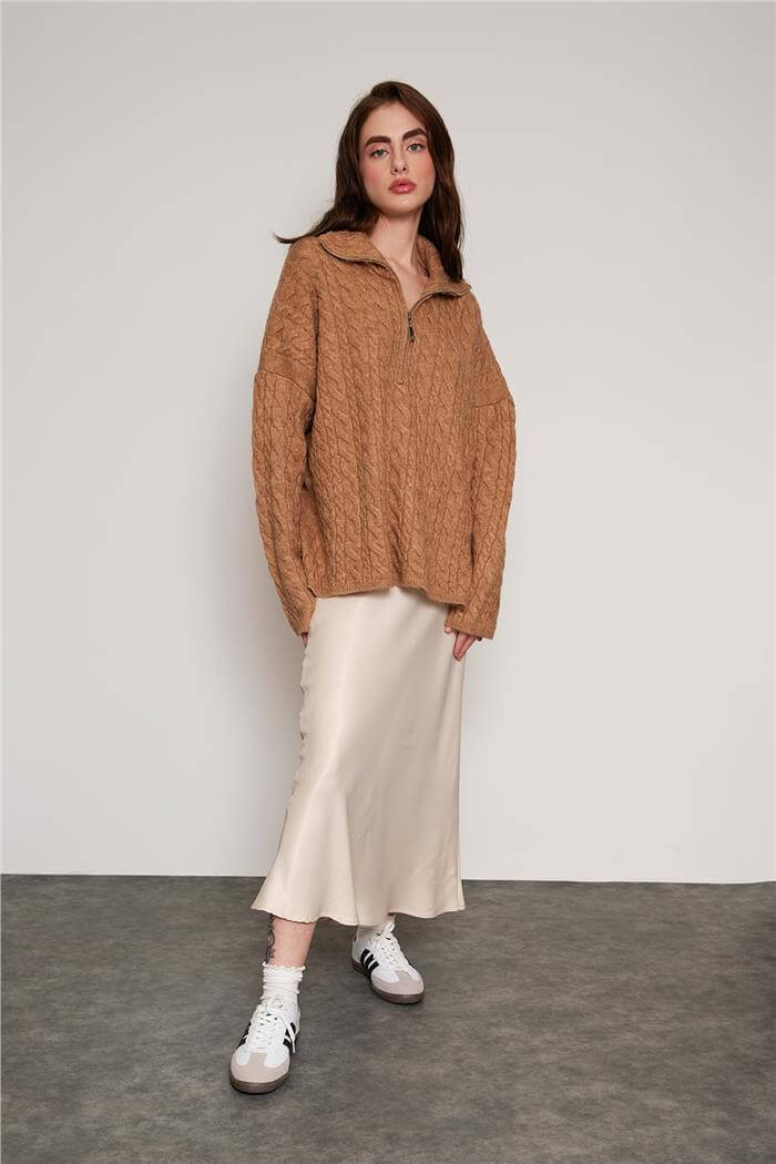 Avrile Kadın Fermuarlı Triko Kazak CAMEL A92471-S