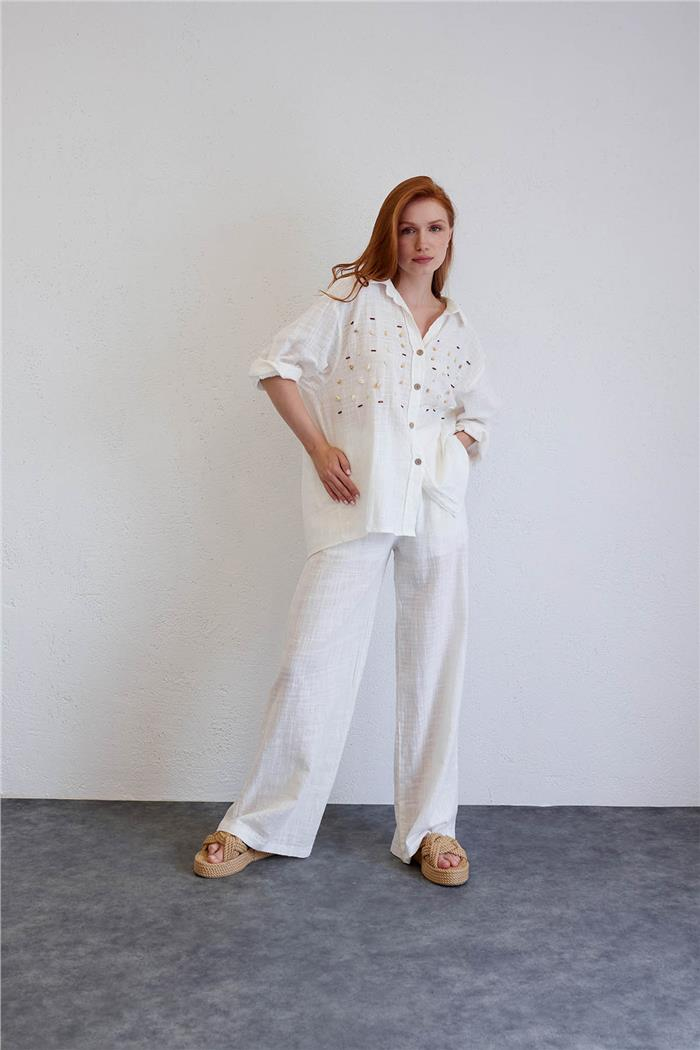 Avrile Kadın İşlemeli Oversize Gömlek EKRU A23-10199