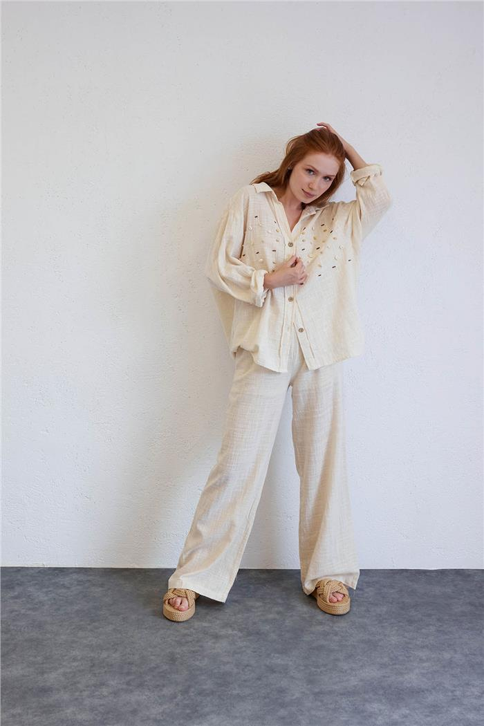 Avrile Kadın İşlemeli Oversize Gömlek HAM A23-10199