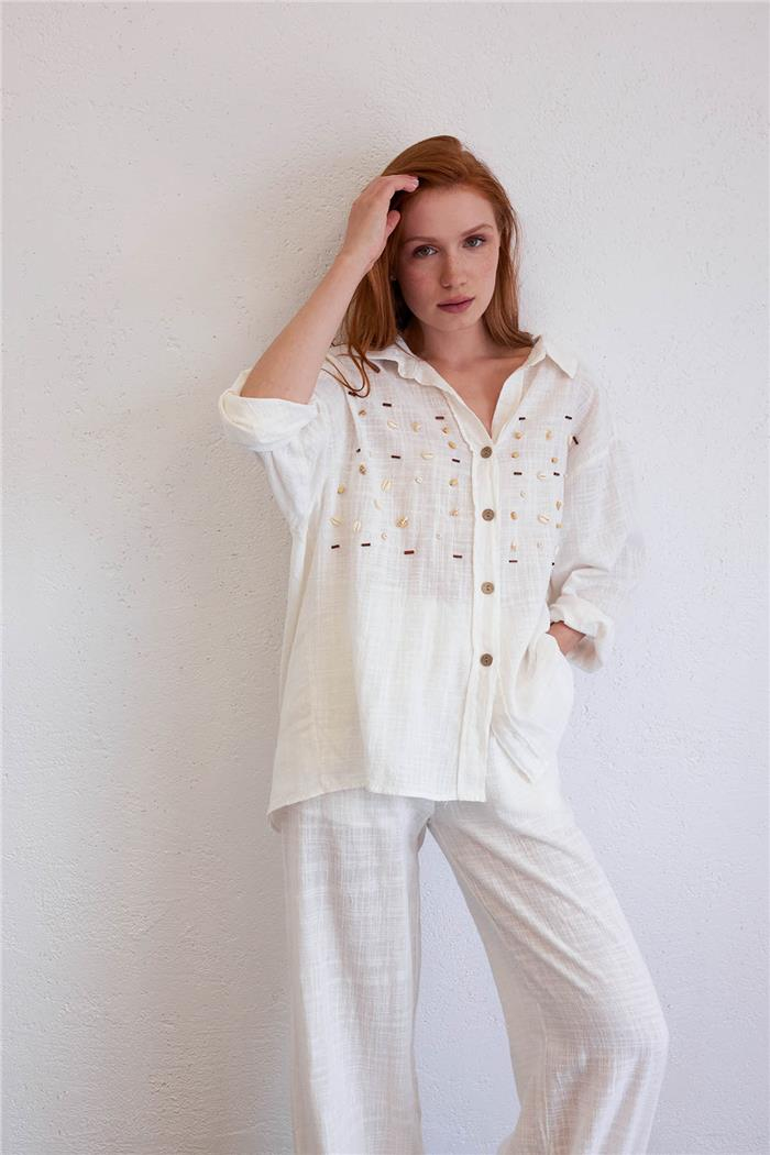 Avrile Kadın İşlemeli Oversize Gömlek EKRU A23-10199