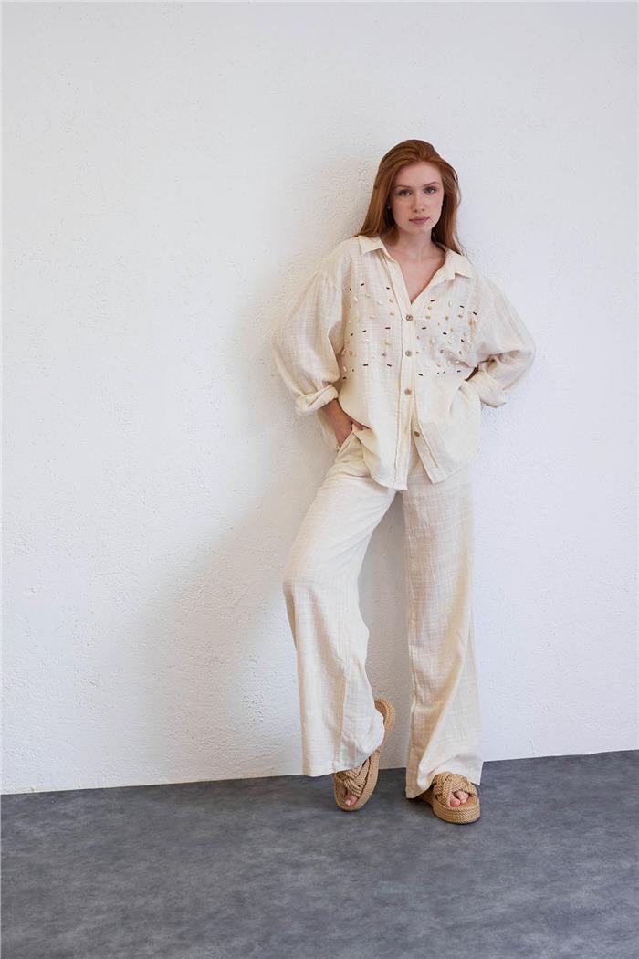 Avrile Kadın İşlemeli Oversize Gömlek HAM A23-10199