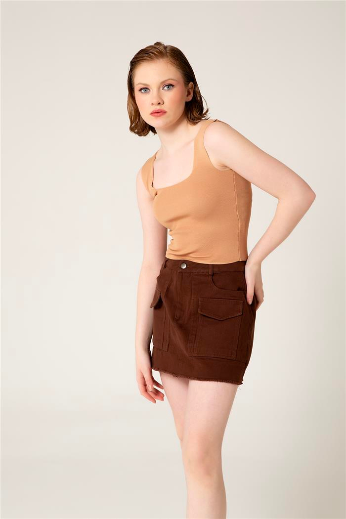 Avrile Kadın Kare Yakalı Triko Atlet CAMEL A90779-S