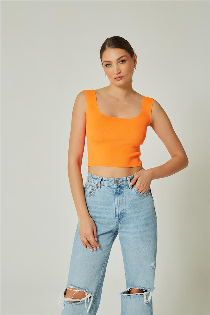 Avrile Kadın Kare Yakalı Triko Atlet NEON ORANJ A90779-S