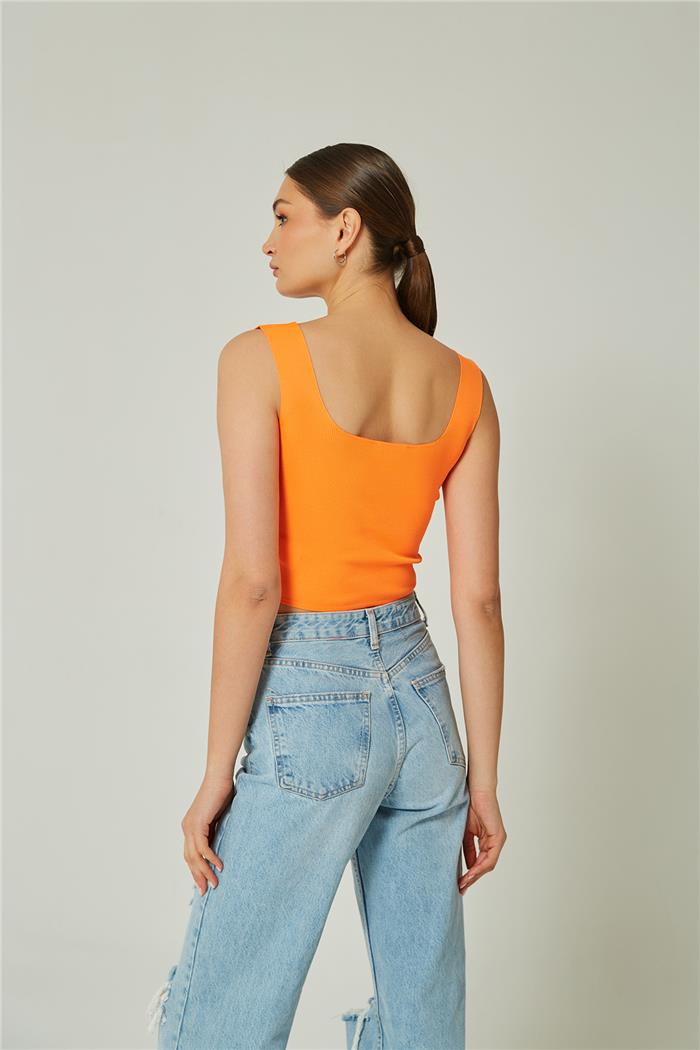 Avrile Kadın Kare Yakalı Triko Atlet NEON ORANJ A90779-S