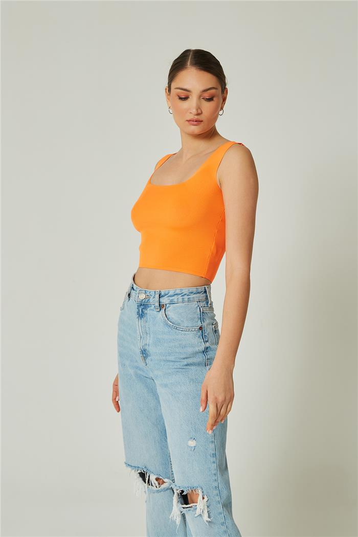 Avrile Kadın Kare Yakalı Triko Atlet NEON ORANJ A90779-S