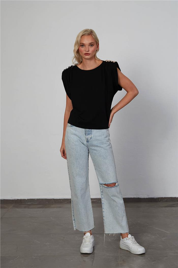 Avrile Kadın Omuzları Düğme Detaylı T-Shirt SİYAH A23-10139