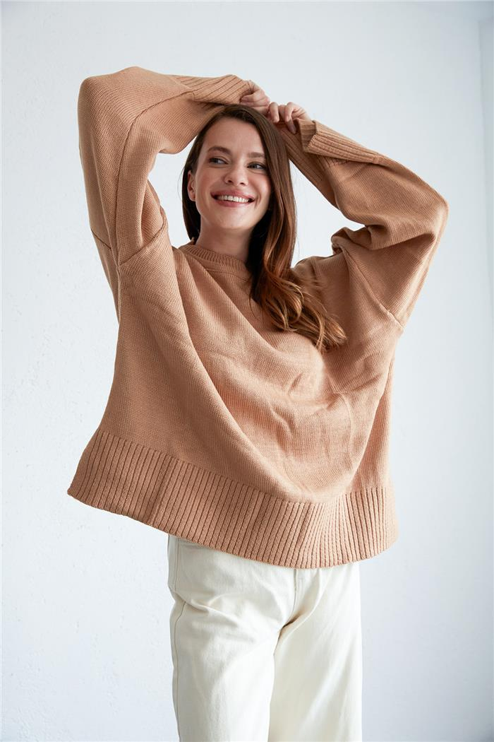 Avrile Kadın Oversize Basic Kazak CAMEL A92145-S
