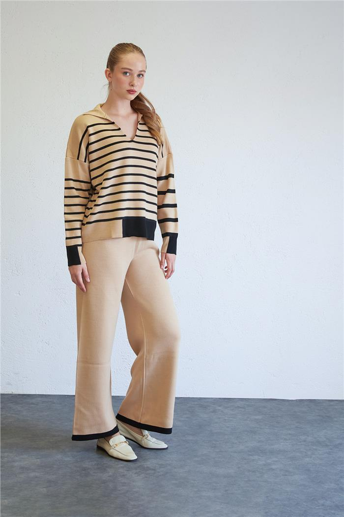 Avrile Kadın Polo Yaka Çizgili Triko Takım CAMEL-SİYAH A92410-S