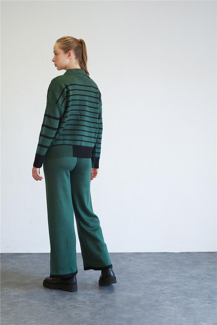 Avrile Kadın Polo Yaka Çizgili Triko Takım ZÜMRÜT-SİYAH A92410-S