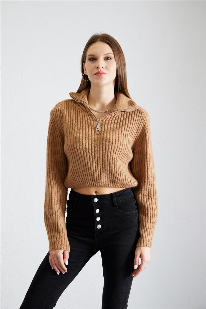 Avrile Kadın Polo Yaka Ferumarlı Triko Kazak CAMEL A92440-S