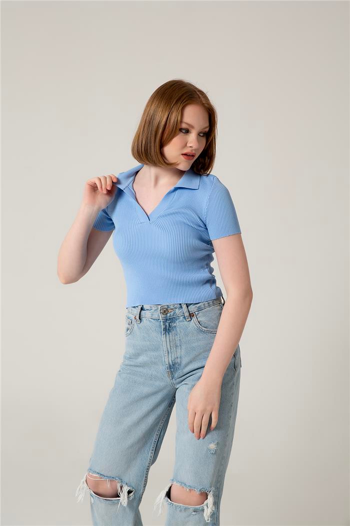 Avrile Kadın Polo Yaka Triko Bluz BEBE MAVİ A92299-S
