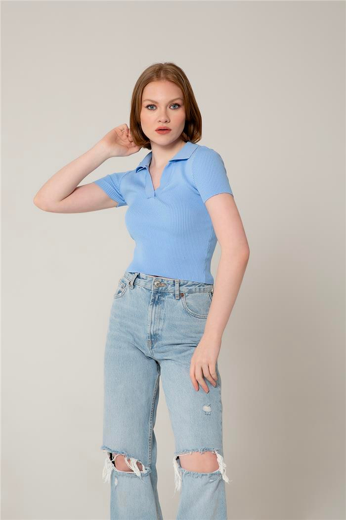 Avrile Kadın Polo Yaka Triko Bluz BEBE MAVİ A92299-S