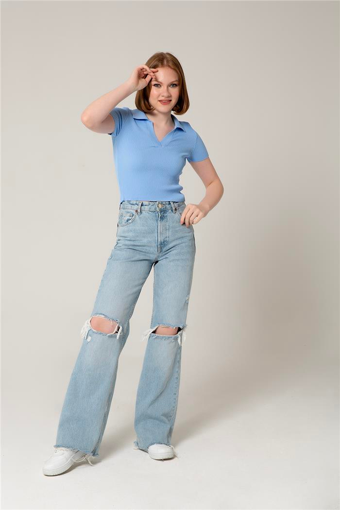 Avrile Kadın Polo Yaka Triko Bluz BEBE MAVİ A92299-S
