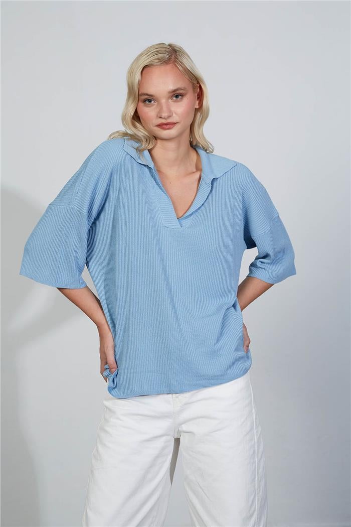 Avrile Kadın Polo Yaka Triko Bluz BEBE MAVİ A92305-S
