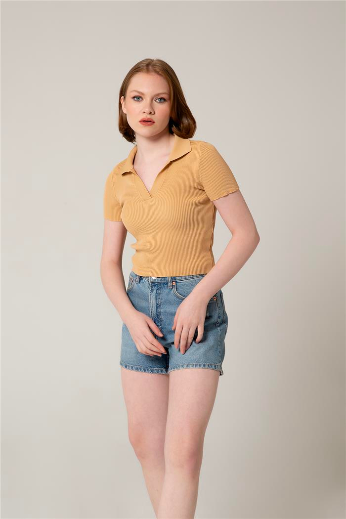 Avrile Kadın Polo Yaka Triko Bluz CAMEL A92299-S