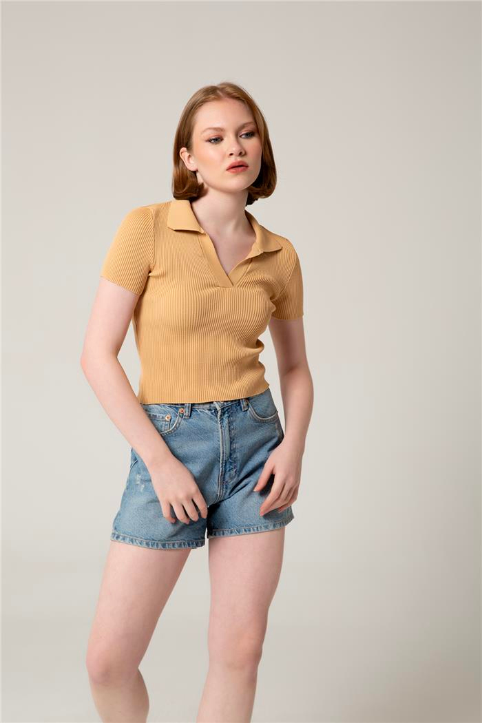 Avrile Kadın Polo Yaka Triko Bluz CAMEL A92299-S