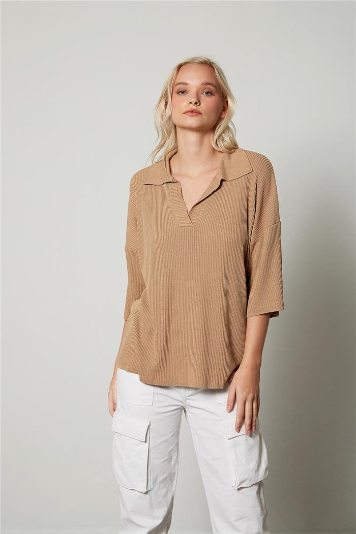 Avrile Kadın Polo Yaka Triko Bluz CAMEL A92305-S