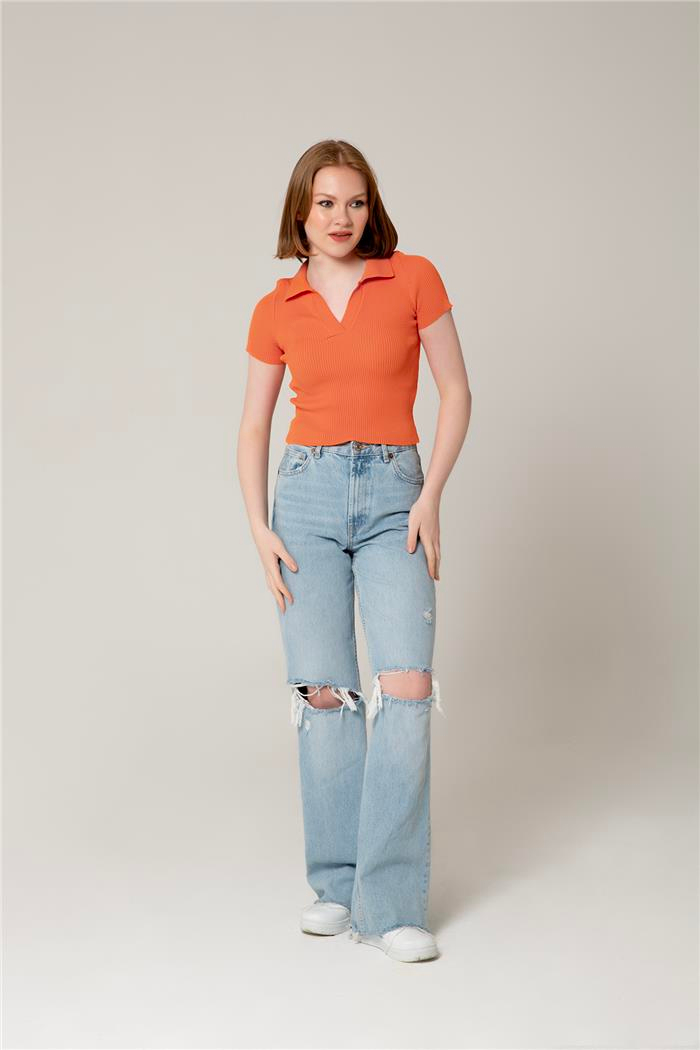Avrile Kadın Polo Yaka Triko Bluz ORANJ A92299-S