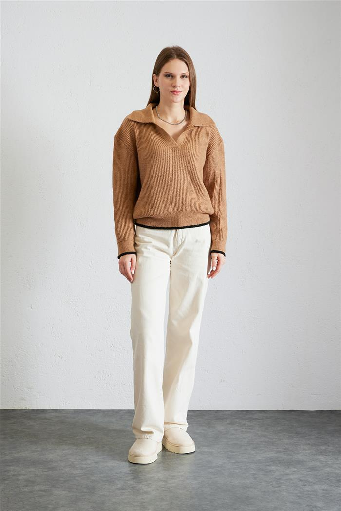 Avrile Kadın Polo Yaka Triko Kazak CAMEL-SİYAH A92461-S