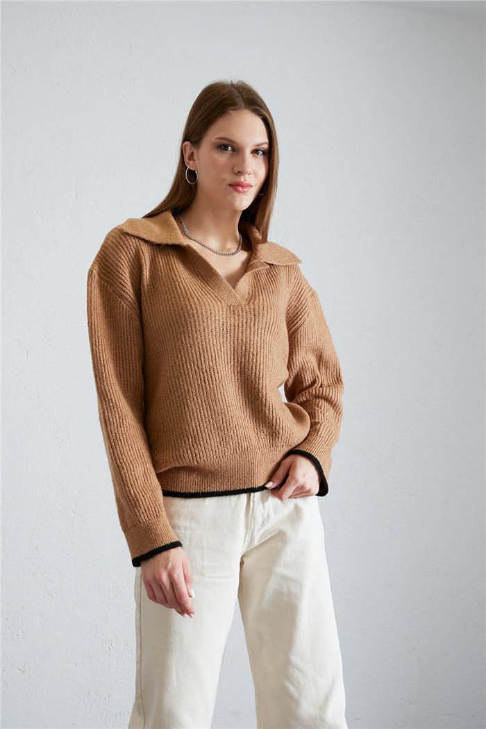 Avrile Kadın Polo Yaka Triko Kazak CAMEL-SİYAH A92461-S