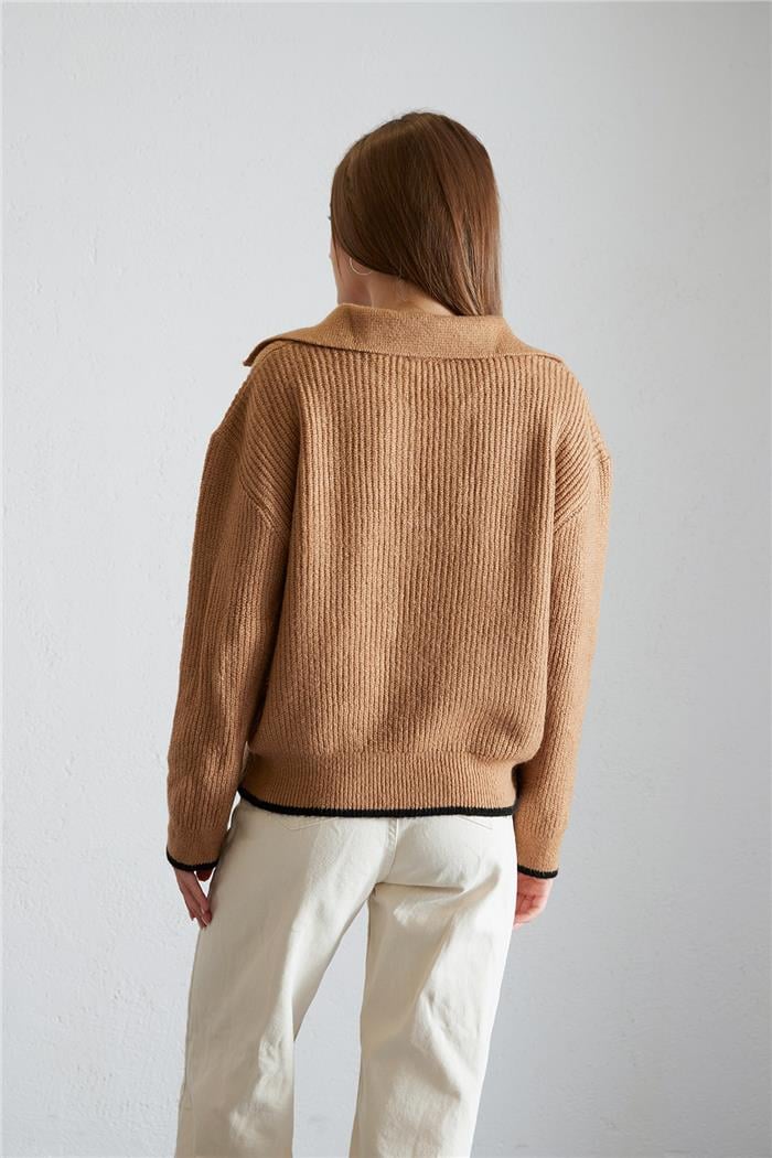 Avrile Kadın Polo Yaka Triko Kazak CAMEL-SİYAH A92461-S
